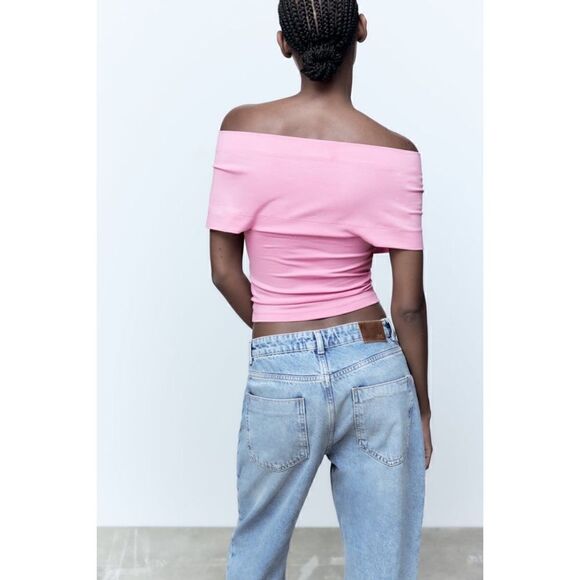 NWT Zara Pink Wrap Front V-Neck Open Exposed Shoulders Side Pleats Surplice Top - Picture 5 of 13